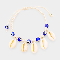 Puka Shell Evil Eye Cord Braid Adjustable Bracelet