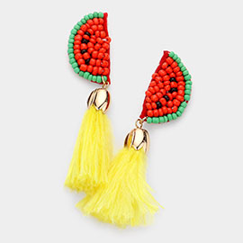 Seed Bead Watermelon Feather Tassel Dangle Earrings