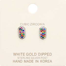 White Gold Dipped CZ Colorful Stone Pave Stud Earrings