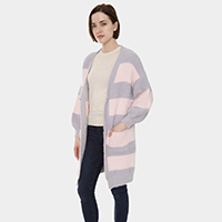 Two Tone Stripe Snap Fasteners Pockets Balloon Sleeve Cardigan