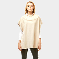 Suede Feel Turtle Neck Faux Fur Poncho