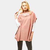 Suede Feel Turtle Neck Faux Fur Poncho