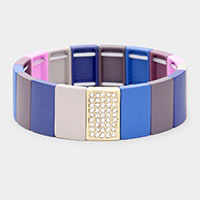 
Colorful Wood Rectangle Rhinestone Pave Stretch Bracelet 