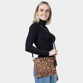 Leopard Patterned Tassel Crossbody / Clutch Bag