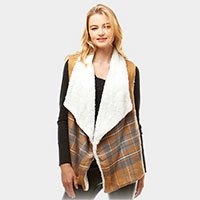 Plaid Faux Fur Lining and Pocket Vest