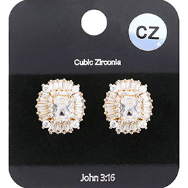 CZ Emerald Cut Stone Centered Evening Stud Earrings