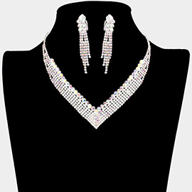 Crystal Rhinestone Pave V Shape Collar Necklace Clip on Earring Set