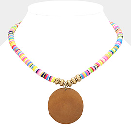 Round Wood Pendant disc Bead Necklace