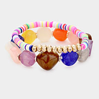 2PCS - Colorful Stone Disc Bead Metal Stretch Bracelets