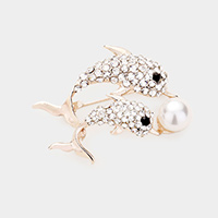 Rhinestone Pave Pearl Dolphin Pin Brooch