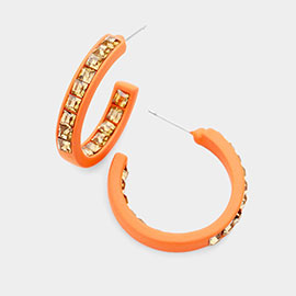 Square Rhinestone Stone Accented Hoop Earrings