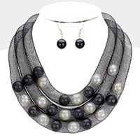 Triple Mesh Tube Pearl Collar Necklace