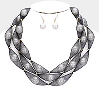 Triple Mesh Tube Pearl Collar Necklace