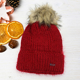 Faux Fur Pom Pom Cuffed Single Layered Beanie Hat