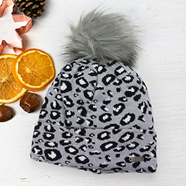 Cheetah Print Double Layered Pom Pom Beanie Hat