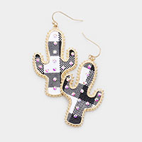 Buffalo Check Plaid Pattern Rhinestone Cactus Earrings