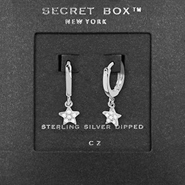 SECRET BOX_Sterling Silver Dipped CZ Stone Paved Star Dangle Huggie Hoop Earrings