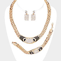 Rhinestone Pave Patterned Textured Metal Necklace Jewelry Set