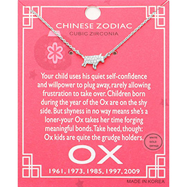 Lunar 12 Zodiac White Gold Dipped CZ Ox Pendant Necklace