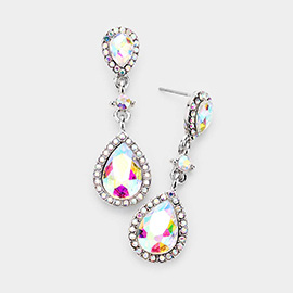 Double Teardrop Stone Accented Dangle Evening Earrings