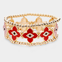 3PCS - Rhinestone Enamel Evil Eye Floral Stretch Layered Bracelets 