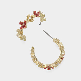 Enamel Flower Accented Metal Half Hoop Earrings