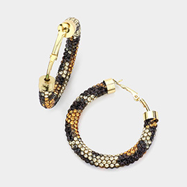 Leopard Patterned Rhinestone Pave Hoop Earrings