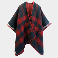 Reversible Plaid Check Ruana Poncho