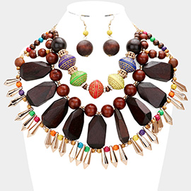 Geometric Wood Collar Metal Spike Necklace