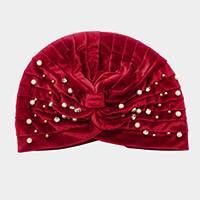 Stone Pearl Detailed Pleated Turban Beanie Hat