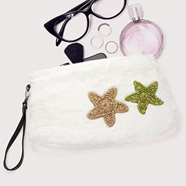 Star Patches Fuzzy Faux Fur Wristlet Clutch Bag