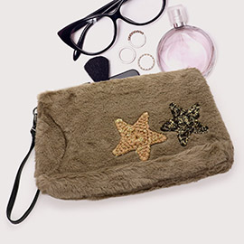 Star Patches Fuzzy Faux Fur Wristlet Clutch Bag