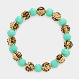 Leopard Pattern Shamballa Ball Faceted Bead Stretch Bracelet