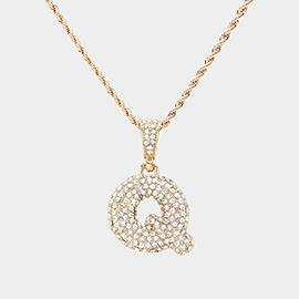 -Q- Rhinestone Monogram Pendant Brass Chain Necklace