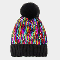 Sequin Embellished Pom Pom Beanie Hat