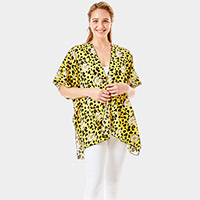 Leopard Pattern Daisy Flower Print Cover Up Kimono Poncho