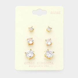 3Pairs - CZ Cubic Zirconia Round Stud Earrings