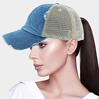 Vintage Denim Mesh Back Ponytail Baseball Cap