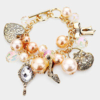 Pearl Metal Bow Bag Stiletto Heel Mirror Heart Charm Toggle Bracelet