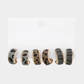 3Pairs - Animal Pattern Genuine Leather Half Hoop Earrings