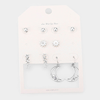 5Pairs - Metal Ball Star Crescent Moon Earrings