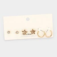 3Pairs - Brass Metal Round Stone Druzy Star Hoop Earrings