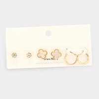 3Pairs - Brass Metal Round Stone Druzy Quatrefoil Hoop Earrings