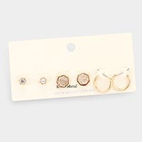 3Pairs - Brass Metal Round Stone Druzy Heptagon Hoop Earrings