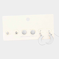 3Pairs - Metal Star Round Crescent Moon Earrings