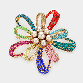 Cluster Pearl Rhinestone Pave Flower Brooch