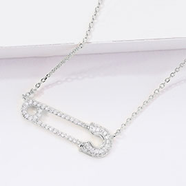 White Gold Dipped CZ Safety Pin Pendant Necklace