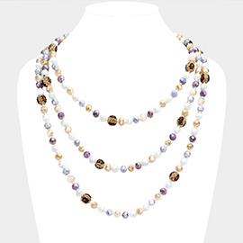 Leopard Pattern Shamballa Ball Accented Faceted Bead Long Necklace