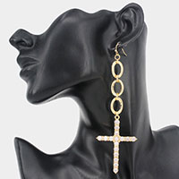 Triple Open Oval Stone Embellished Cross Link Dangle Earrings