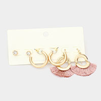 3Pairs - Round Stone Metal Hoop Tassel Fringe Earrings